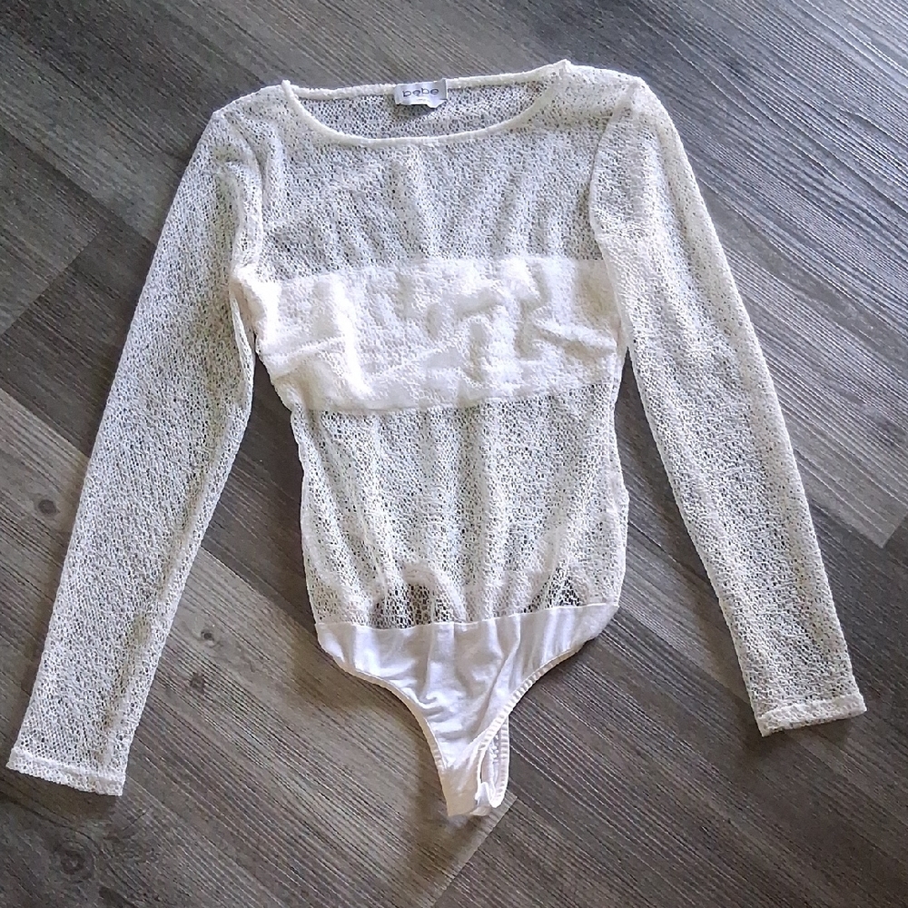 Y2K BeBe Mesh Longsleeve Bodysuit Off Whitw Ivory Medium